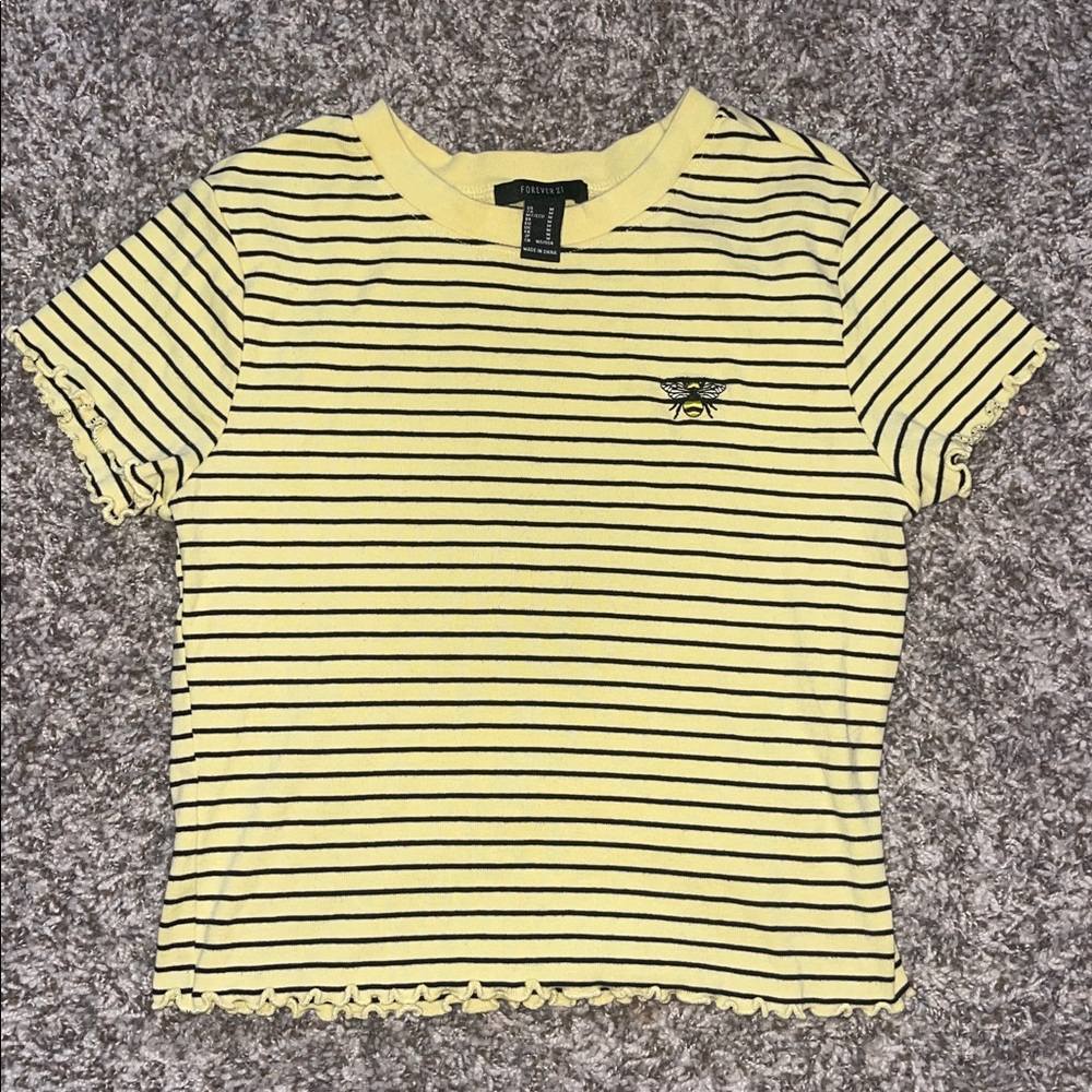 Forever 21 Yellow Striped Bee Embroidered Lettuce Edge Crop Top - medium